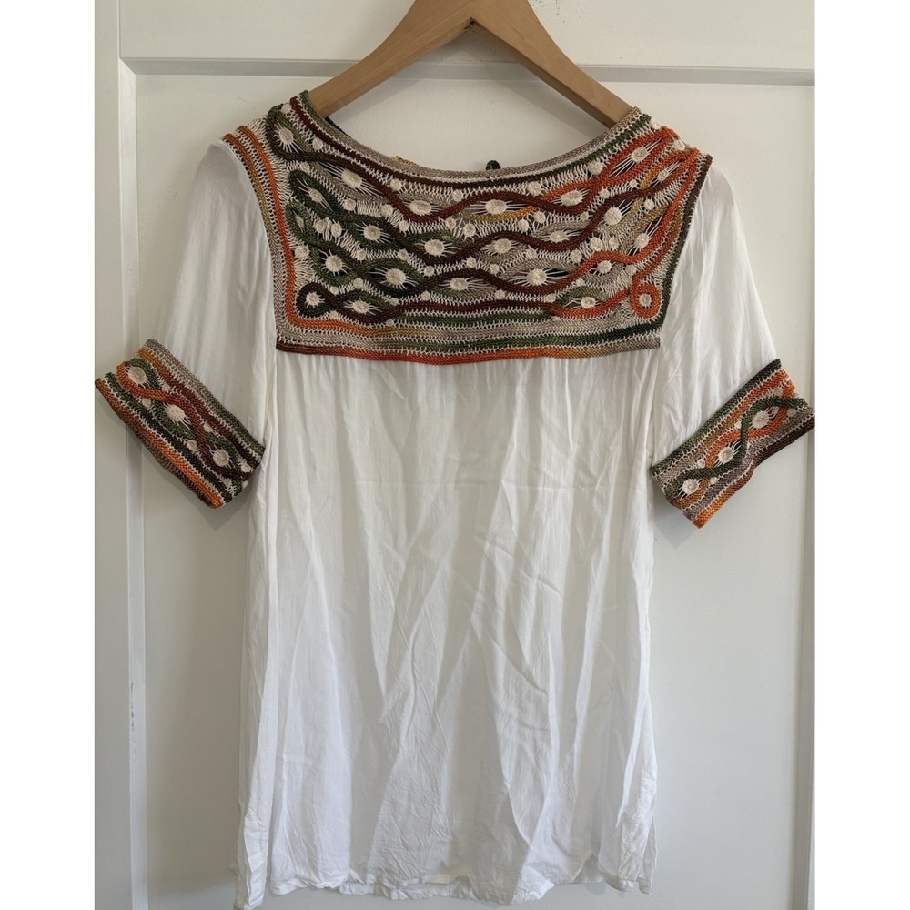 Rue Juju Boho White Peasant Blouse Crochet Yoke Tunic Top Sz S Hungarian Style
